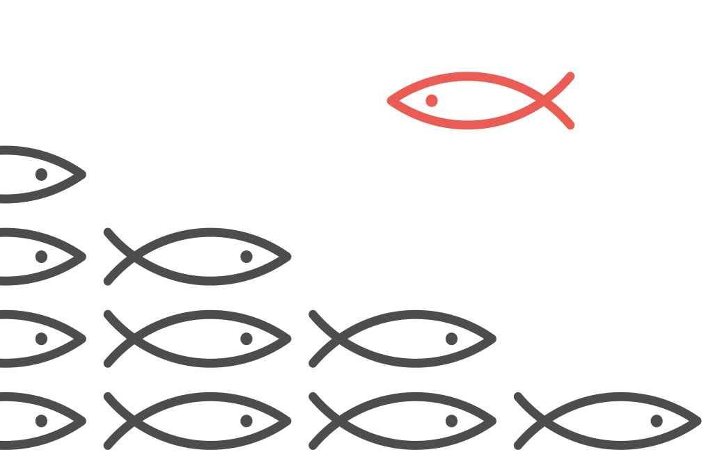 Christian fish symbol graphic with one fish going opposite way of the rest of the school