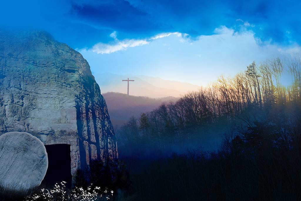 early morning with stone of Jesus' tomb rolled away